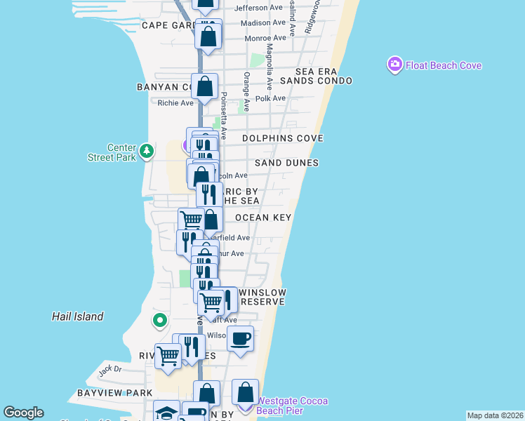 map of restaurants, bars, coffee shops, grocery stores, and more near 6770 Ridgewood Avenue in Cocoa Beach