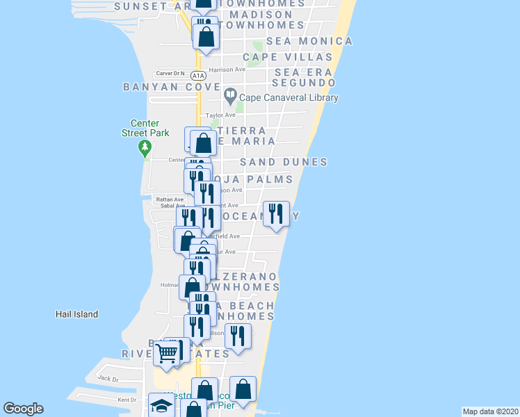 map of restaurants, bars, coffee shops, grocery stores, and more near 280 Hayes Avenue in Cocoa Beach