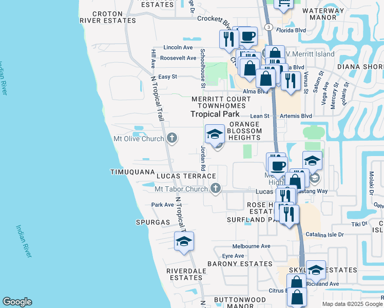 map of restaurants, bars, coffee shops, grocery stores, and more near 1165 Jordan Road in Merritt Island
