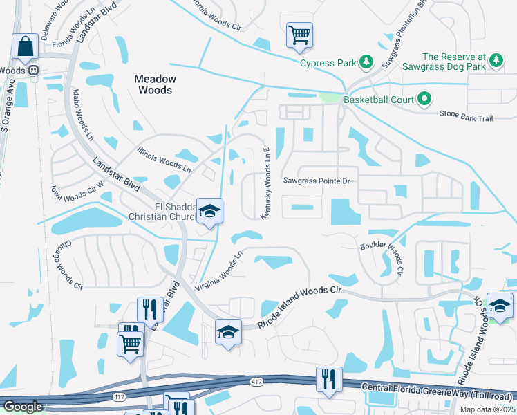 map of restaurants, bars, coffee shops, grocery stores, and more near 12945 Ohio Woods Lane in Orlando