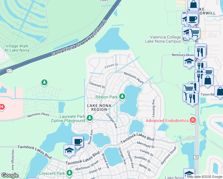 map of restaurants, bars, coffee shops, grocery stores, and more near 8527 Omura Alley in Orlando