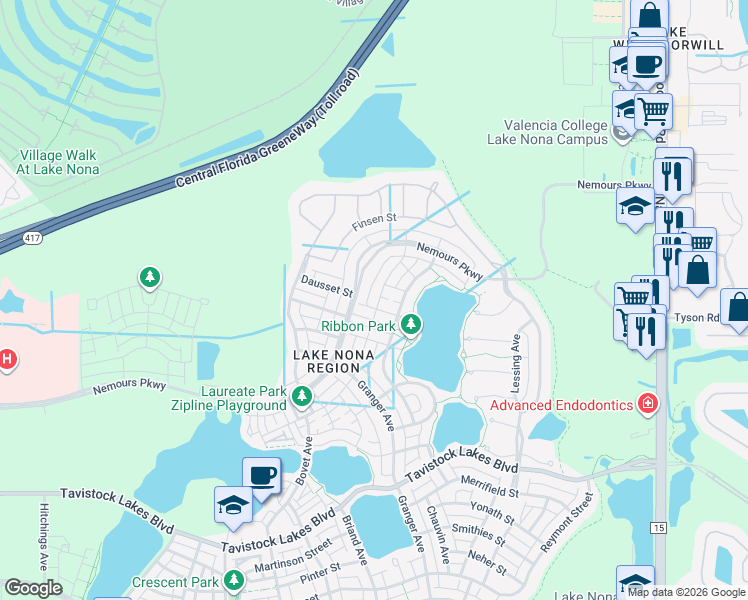 map of restaurants, bars, coffee shops, grocery stores, and more near 8527 Omura Alley in Orlando