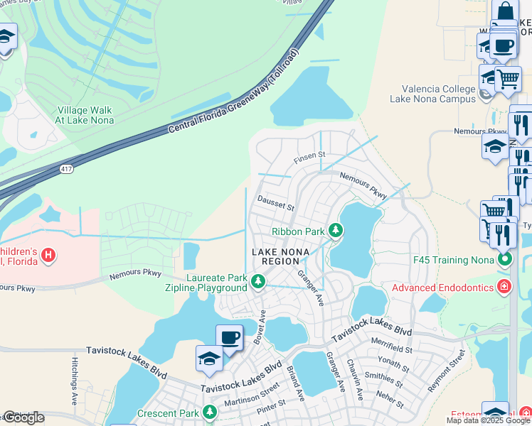 map of restaurants, bars, coffee shops, grocery stores, and more near 12834 Salk Way in Orlando