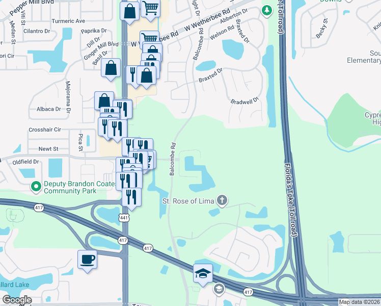 map of restaurants, bars, coffee shops, grocery stores, and more near 12607 Enclave Drive in Orlando