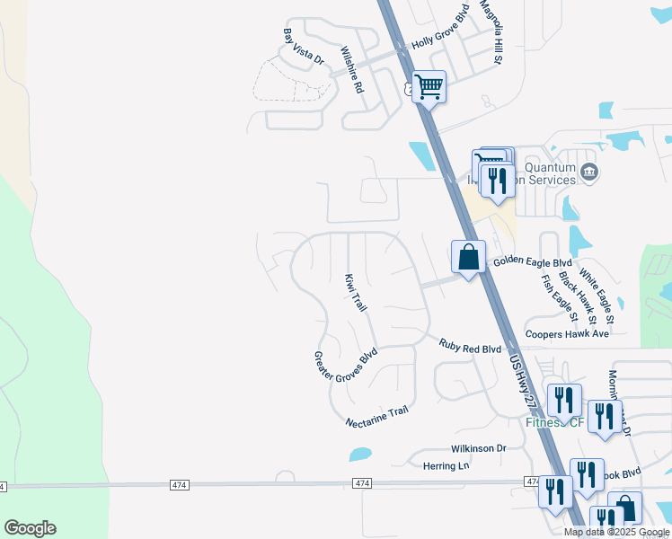 map of restaurants, bars, coffee shops, grocery stores, and more near 2206 Dancy Trail in Clermont