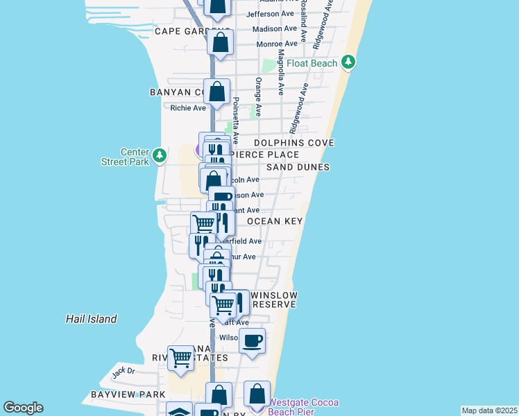 map of restaurants, bars, coffee shops, grocery stores, and more near 280 Hayes Avenue in Cocoa Beach