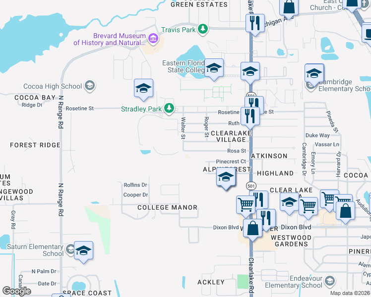 map of restaurants, bars, coffee shops, grocery stores, and more near 1765 Rosa Street in Cocoa