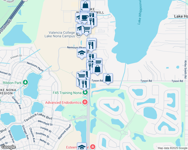 map of restaurants, bars, coffee shops, grocery stores, and more near 10153 Tyson Road in Orlando