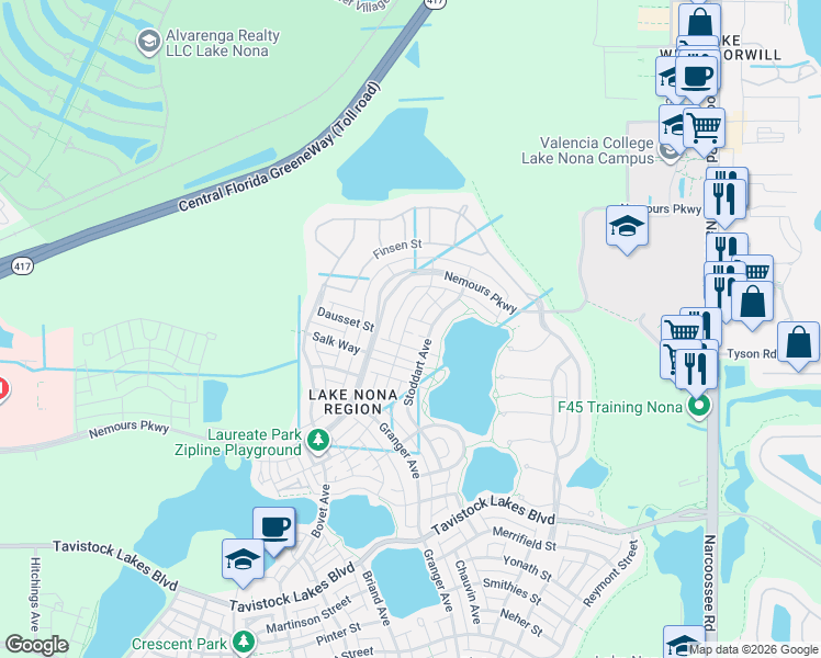 map of restaurants, bars, coffee shops, grocery stores, and more near 8527 Omura Alley in Orlando