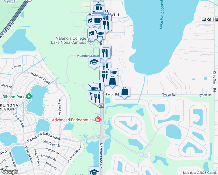 map of restaurants, bars, coffee shops, grocery stores, and more near 12915 Narcoossee Road in Orlando