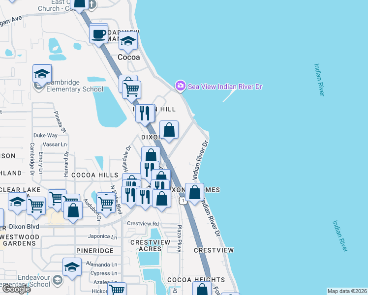 map of restaurants, bars, coffee shops, grocery stores, and more near 1206 North Cocoa Boulevard in Cocoa
