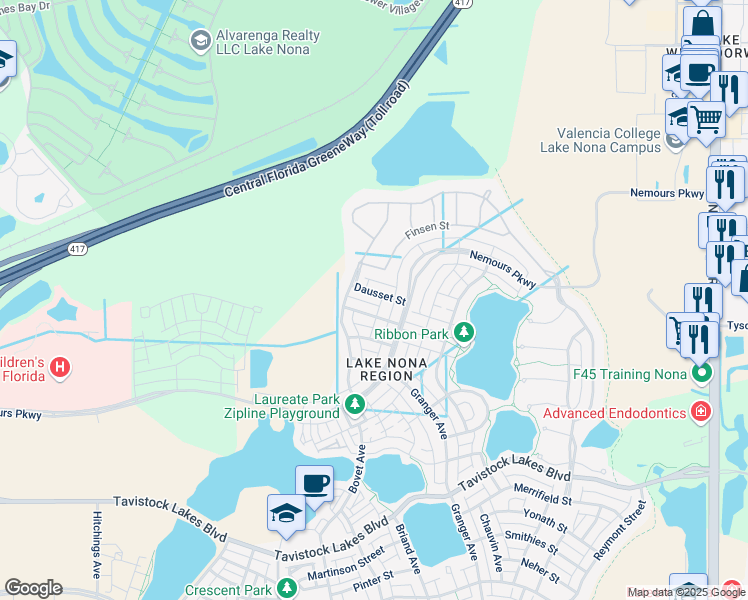 map of restaurants, bars, coffee shops, grocery stores, and more near 12834 Salk Way in Orlando