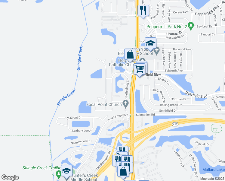map of restaurants, bars, coffee shops, grocery stores, and more near 12692 Gettysburg Circle in Orlando