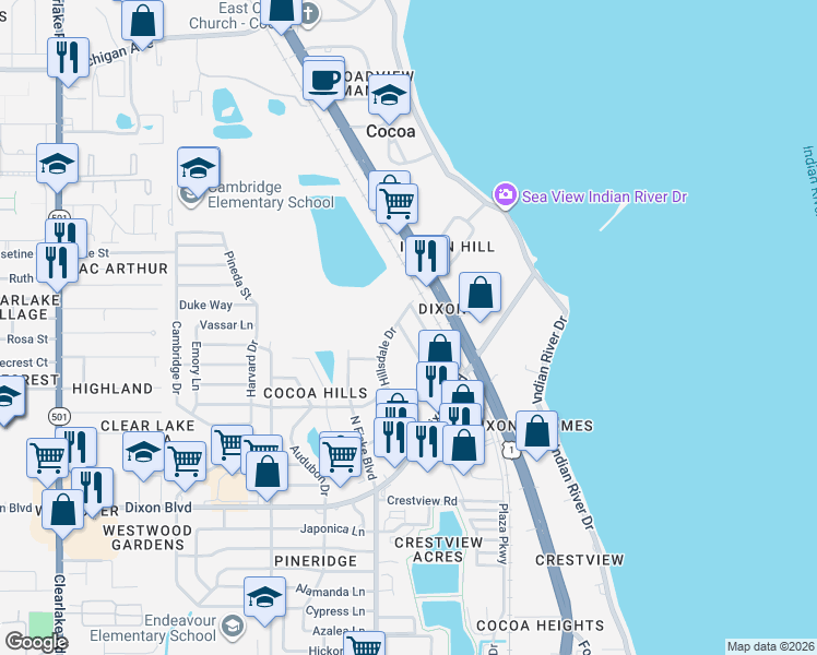map of restaurants, bars, coffee shops, grocery stores, and more near 808 Hillsdale Drive in Cocoa