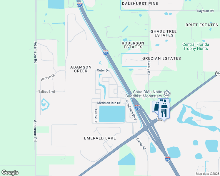 map of restaurants, bars, coffee shops, grocery stores, and more near 348 Harmony Place in Cocoa