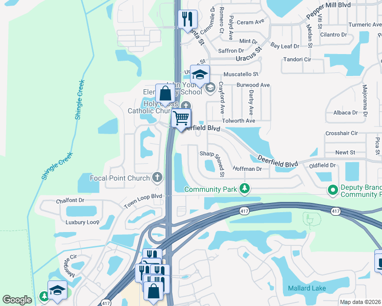 map of restaurants, bars, coffee shops, grocery stores, and more near 12713 Rolling Broak Court in Orlando