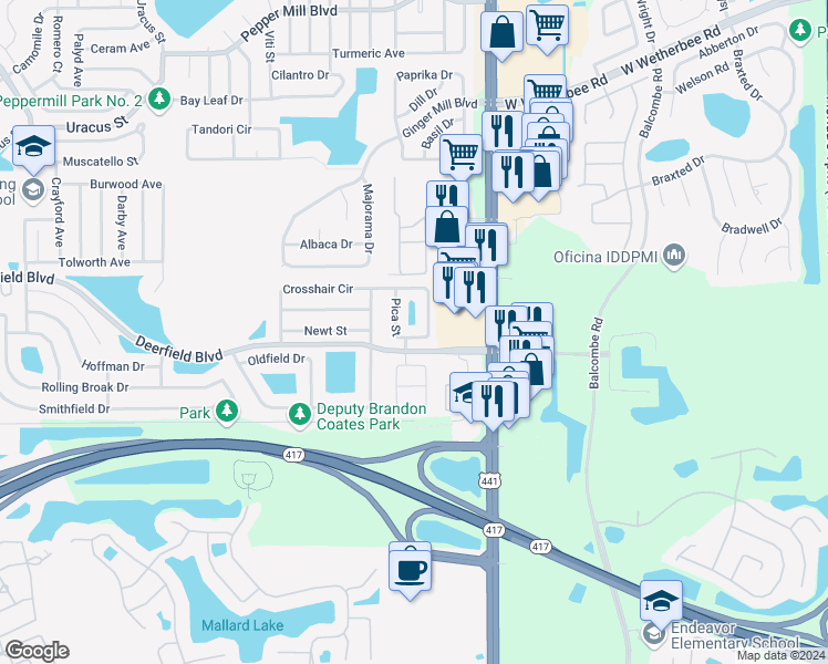 map of restaurants, bars, coffee shops, grocery stores, and more near 1902 Crosshair Circle in Orlando