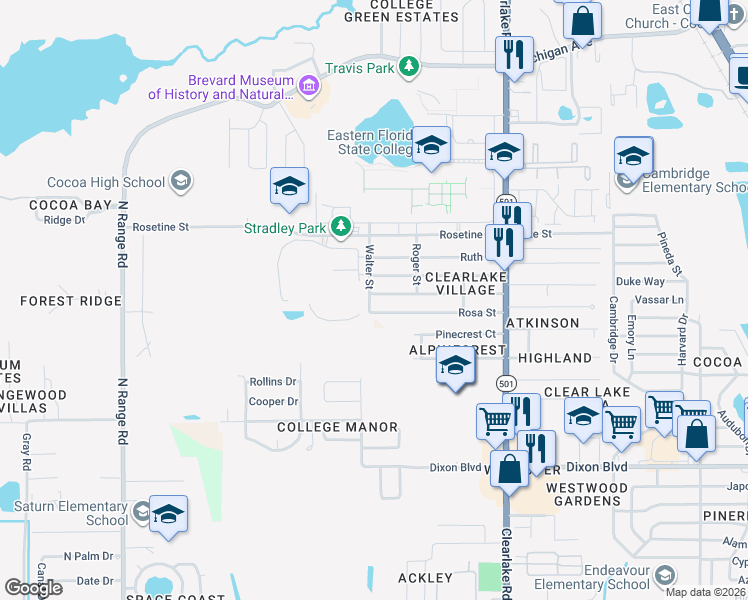 map of restaurants, bars, coffee shops, grocery stores, and more near 1753 Fay Street in Cocoa
