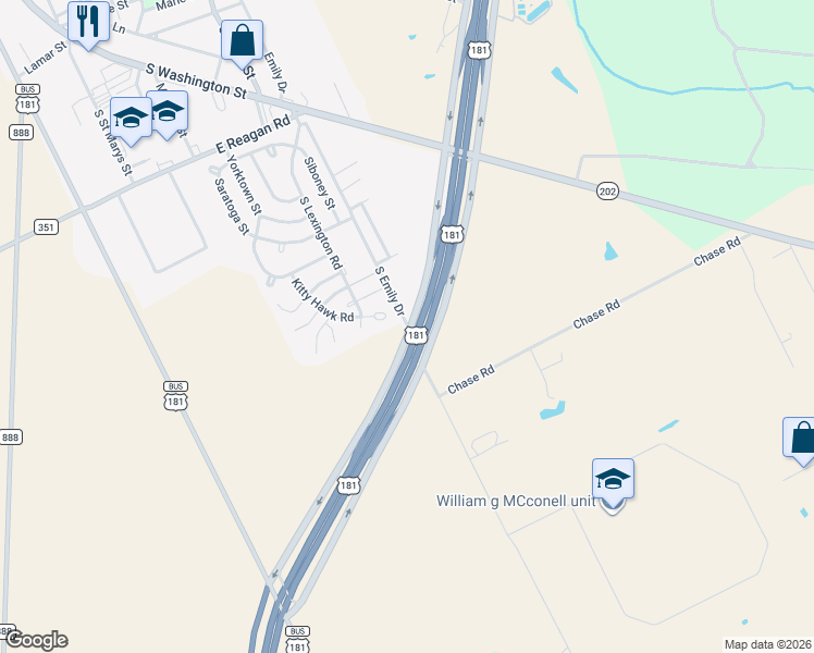 map of restaurants, bars, coffee shops, grocery stores, and more near 3001 South Emily Drive in Beeville