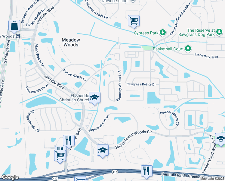 map of restaurants, bars, coffee shops, grocery stores, and more near 12836 Ohio Woods Lane in Orlando