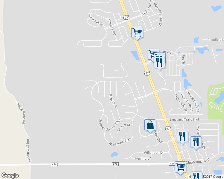 map of restaurants, bars, coffee shops, grocery stores, and more near 2305 Pink Grapefruit Trail in Clermont