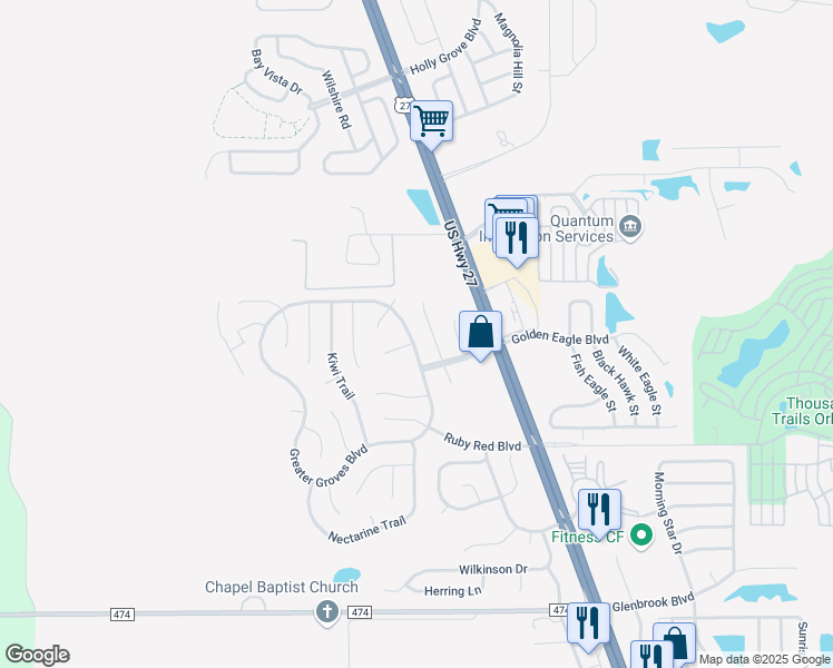 map of restaurants, bars, coffee shops, grocery stores, and more near 15933 Greater Groves Boulevard in Clermont
