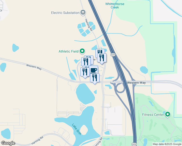 map of restaurants, bars, coffee shops, grocery stores, and more near 132 Ruby Red Place in Winter Garden