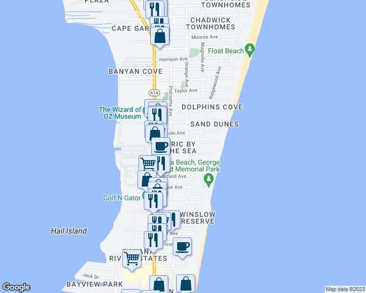 map of restaurants, bars, coffee shops, grocery stores, and more near 231 Johnson Avenue in Cape Canaveral