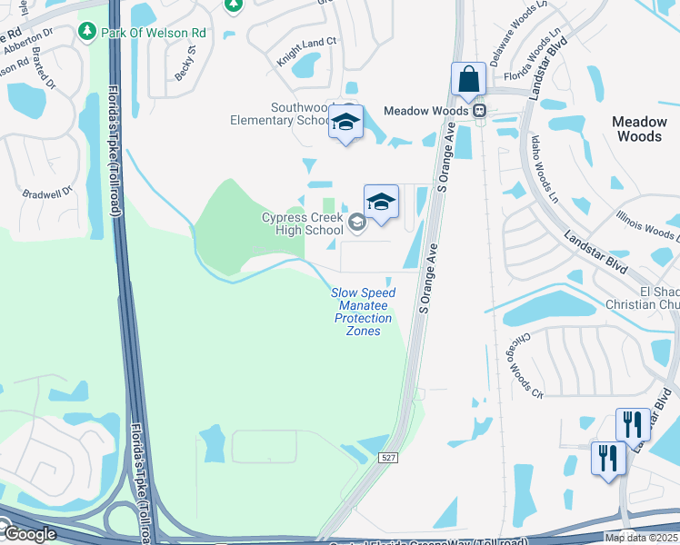 map of restaurants, bars, coffee shops, grocery stores, and more near 1101 Bear Crossing Drive in Orlando
