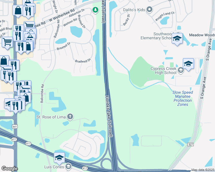 map of restaurants, bars, coffee shops, grocery stores, and more near Central Florida GreeneWay in Orlando