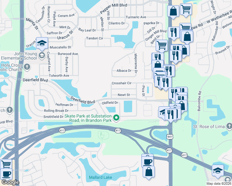 map of restaurants, bars, coffee shops, grocery stores, and more near 2233 Newt Street in Orlando