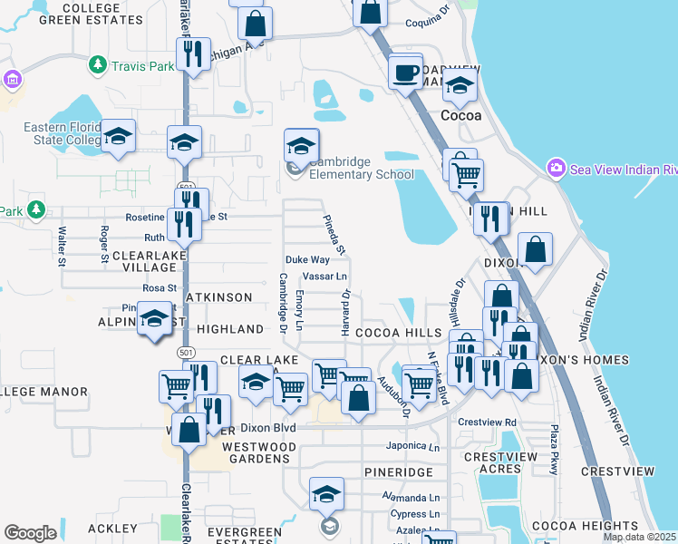 map of restaurants, bars, coffee shops, grocery stores, and more near 1205 Duke Way in Cocoa