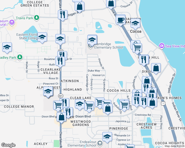 map of restaurants, bars, coffee shops, grocery stores, and more near 1217 Duke Way in Cocoa