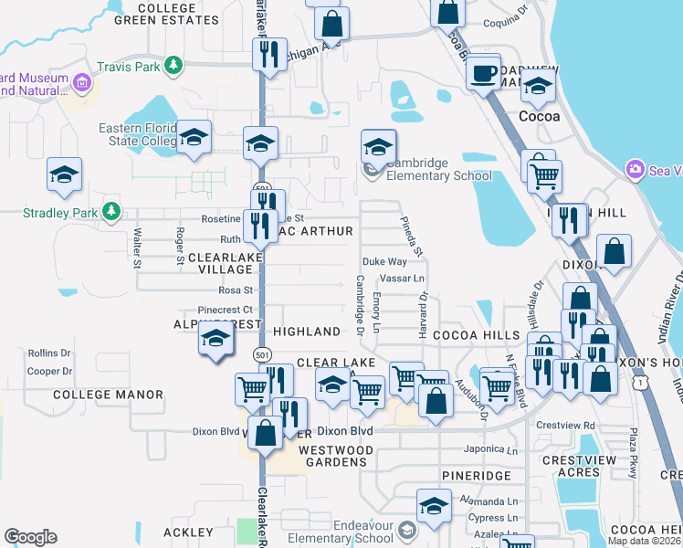 map of restaurants, bars, coffee shops, grocery stores, and more near 1424 Melrose Street in Cocoa
