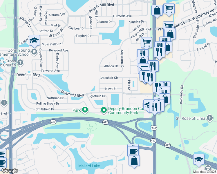 map of restaurants, bars, coffee shops, grocery stores, and more near 2206 Meadowmouse Street in Orlando
