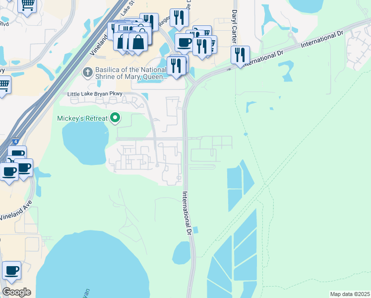 map of restaurants, bars, coffee shops, grocery stores, and more near International Drive in Orlando