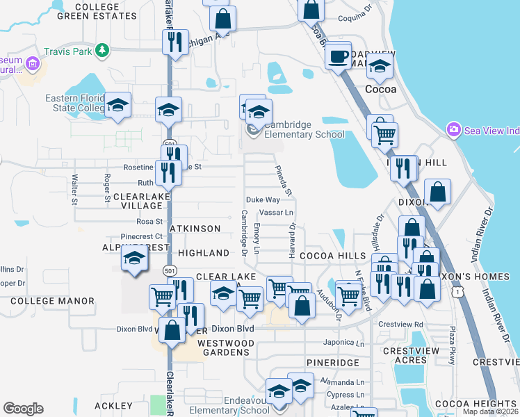map of restaurants, bars, coffee shops, grocery stores, and more near 1217 Duke Way in Cocoa