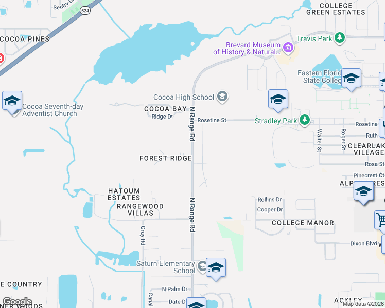 map of restaurants, bars, coffee shops, grocery stores, and more near 2510 Fairfield Drive in Cocoa