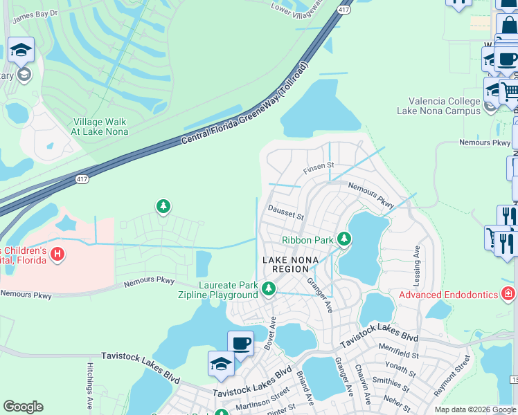 map of restaurants, bars, coffee shops, grocery stores, and more near 12740 Bovet Avenue in Orlando