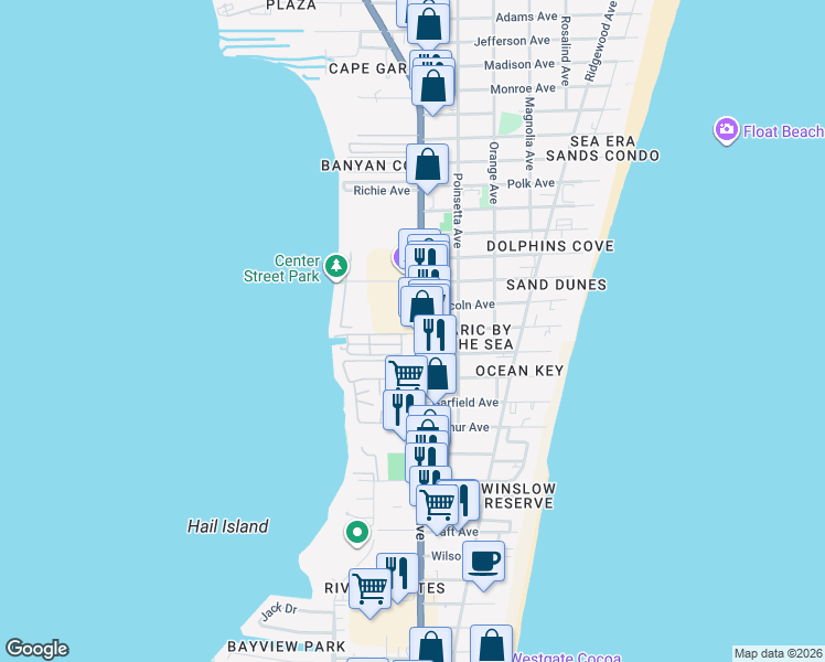 map of restaurants, bars, coffee shops, grocery stores, and more near 38 Cocoa Palms Drive in Cape Canaveral