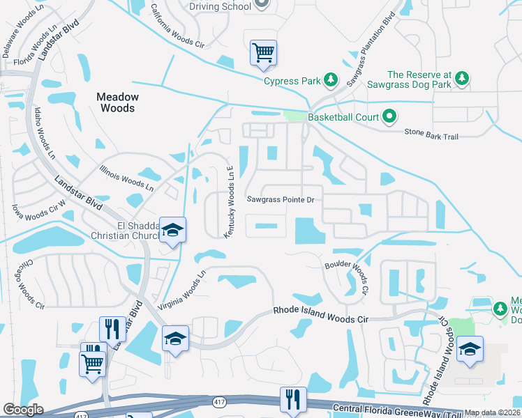 map of restaurants, bars, coffee shops, grocery stores, and more near 1420 Sawgrass Pointe Drive in Orlando