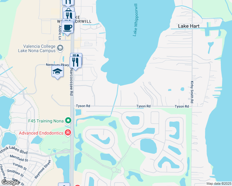map of restaurants, bars, coffee shops, grocery stores, and more near 10351 Tyson Road in Orlando