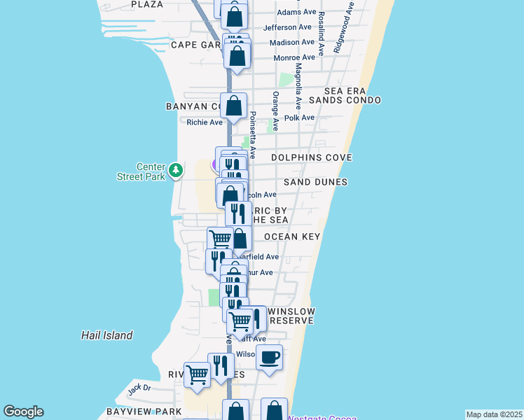 map of restaurants, bars, coffee shops, grocery stores, and more near 204 Johnson Avenue in Cape Canaveral
