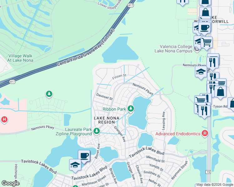 map of restaurants, bars, coffee shops, grocery stores, and more near 9011 Sperry Street in Orlando