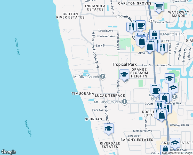 map of restaurants, bars, coffee shops, grocery stores, and more near 1285 North Tropical Trail in Merritt Island