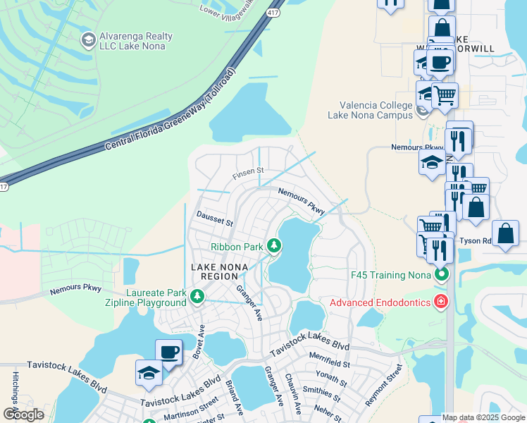 map of restaurants, bars, coffee shops, grocery stores, and more near 9026 Sperry Street in Orlando