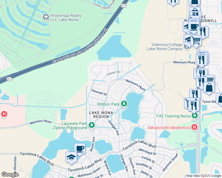 map of restaurants, bars, coffee shops, grocery stores, and more near 9011 Sperry Street in Orlando