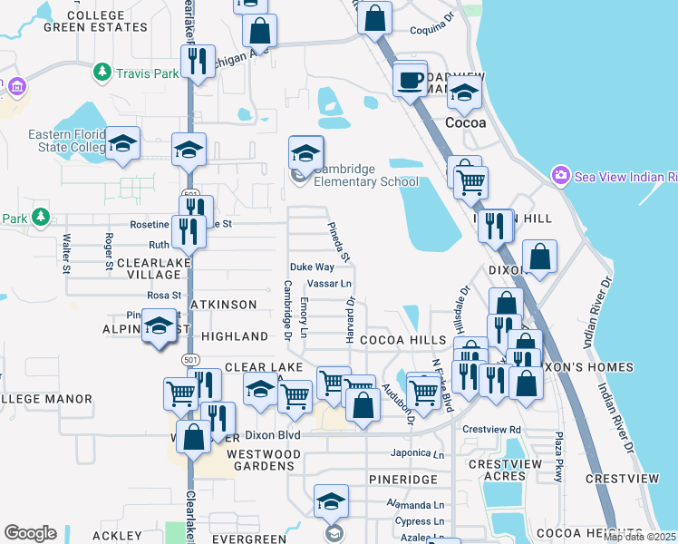 map of restaurants, bars, coffee shops, grocery stores, and more near 1205 Duke Way in Cocoa