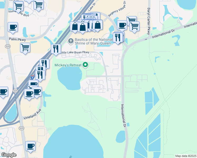 map of restaurants, bars, coffee shops, grocery stores, and more near 7900 Lake Forest Drive in Orlando