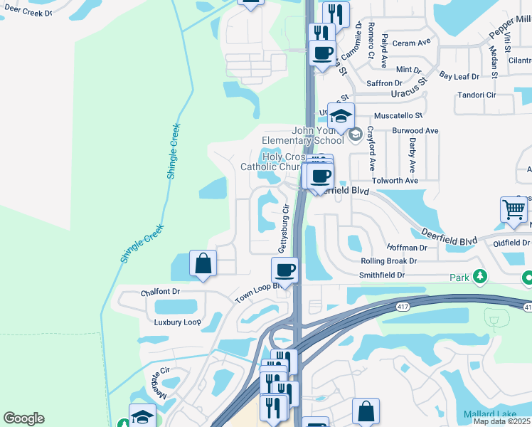 map of restaurants, bars, coffee shops, grocery stores, and more near 3124 Antietam Creek Court in Orlando